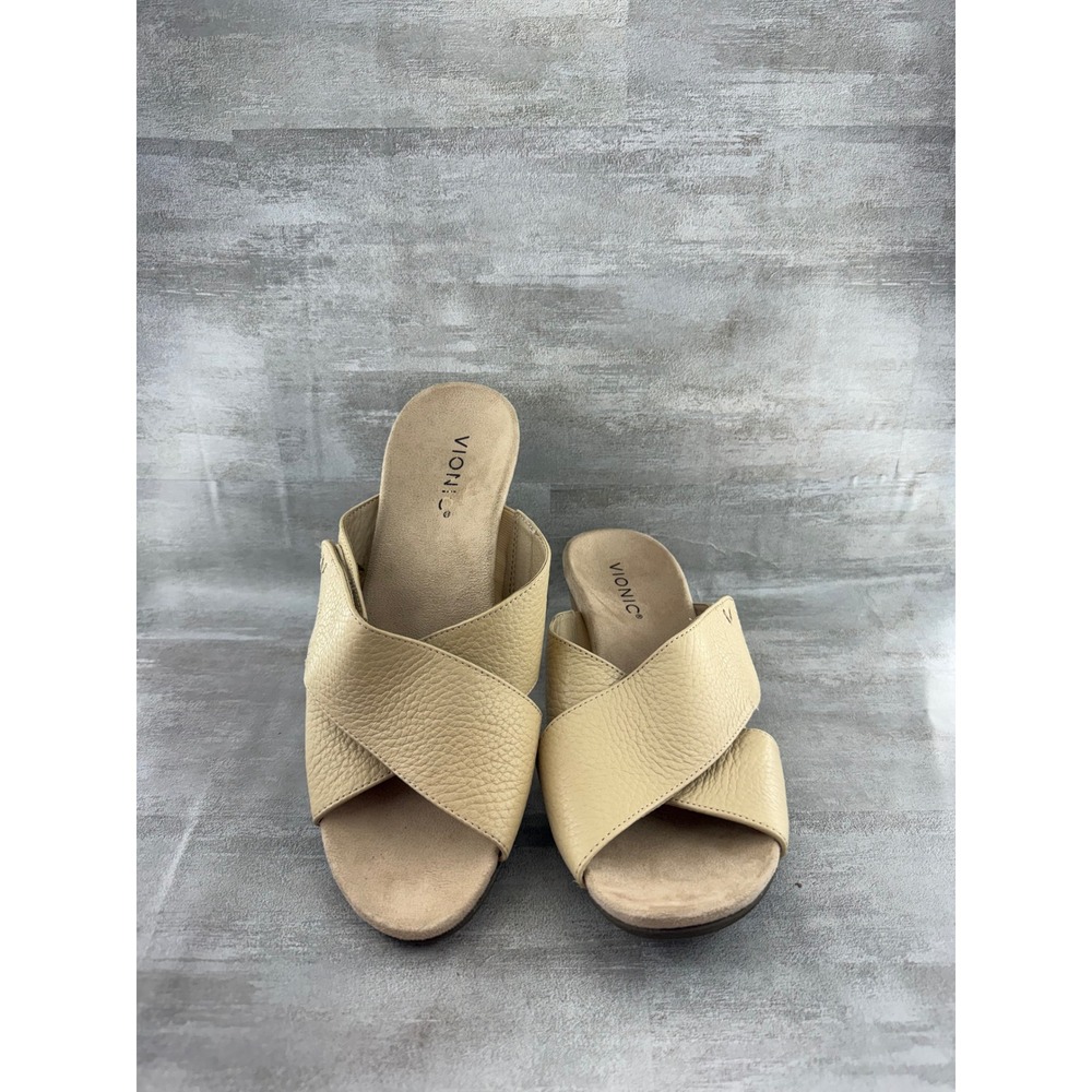 Vionic Leticia Cream Beige Pebbled Leather Cork Wedge Sandals Women Sz 9.5